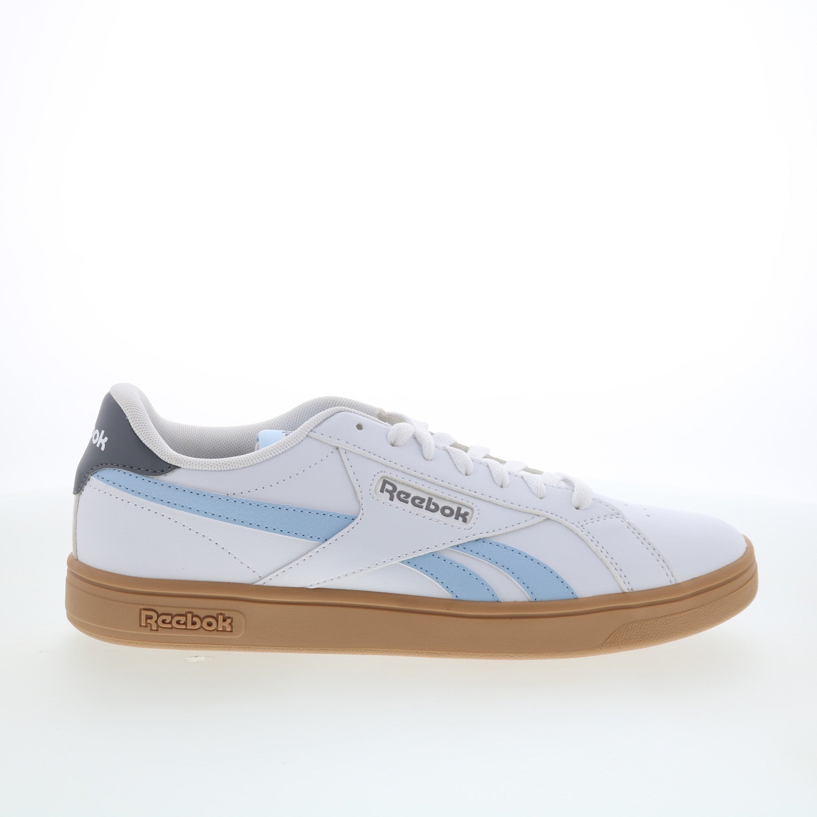 100208920_reebok_court_retro_white_blue_gum_01_fd2b2bcd-5efb-4f9d-a02a-642487f9e5d5 Reebok Court Retro Mens White Leather Lace Up Lifestyle Sneakers Shoes - Image 1