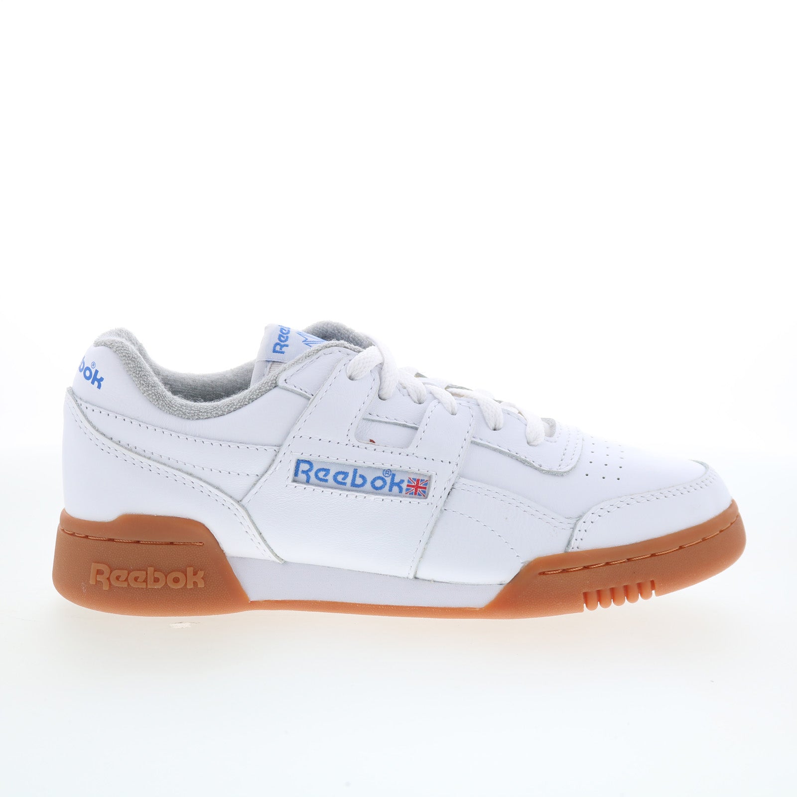 100221757_workout_plus_white_blue_gum_01_d2b1622c-5549-4421-a27b-6c7ac462e08f Reebok Workout Plus Mens White Leather Lace Up Lifestyle Sneakers Shoes - Image 1