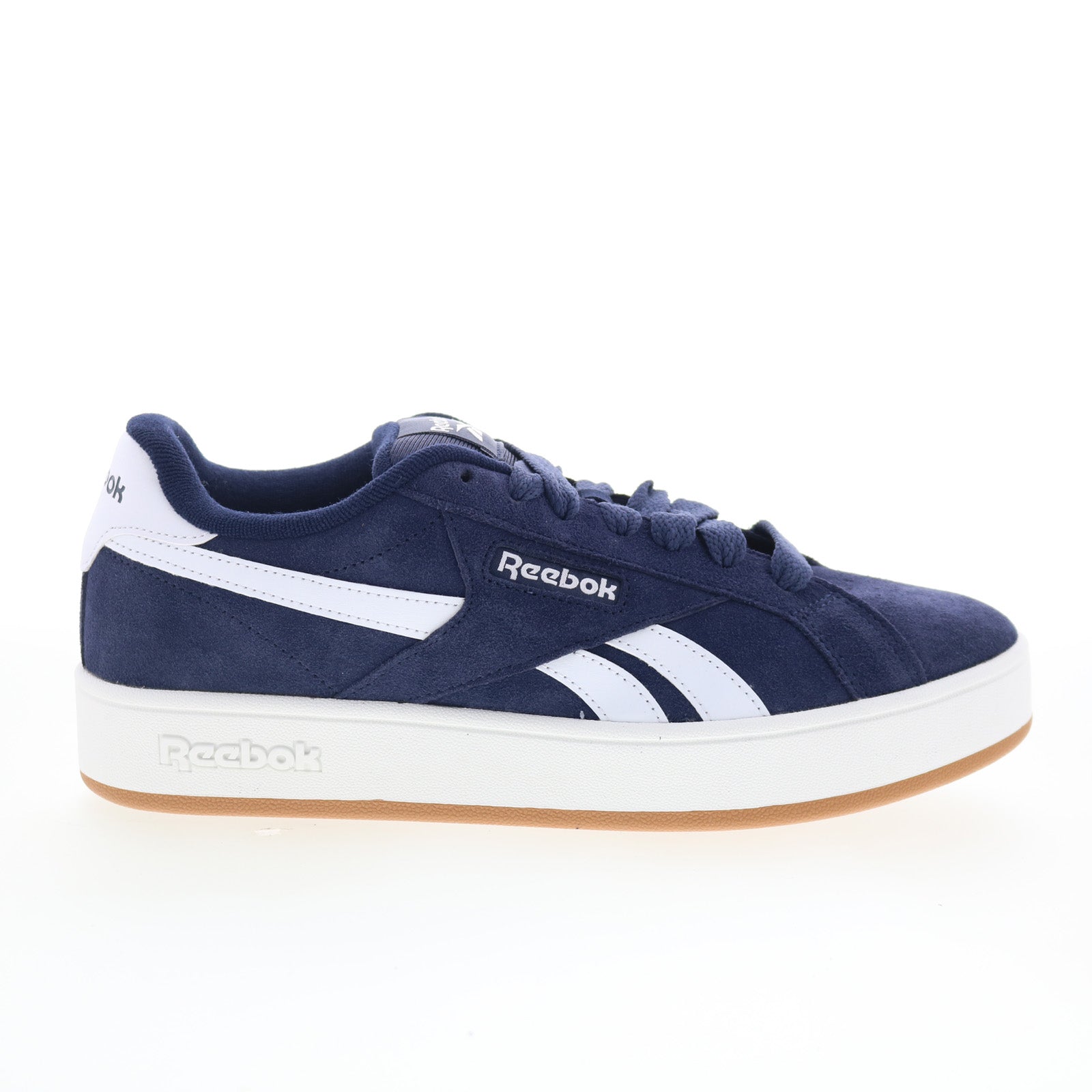 100224705_reebok_retro_mega_navy_grey_gum_01_e2e29b1d-d129-4175-b9f0-c2338b533945 Reebok Retro Mega Mens Blue Suede Lace Up Lifestyle Sneakers Shoes - Image 1