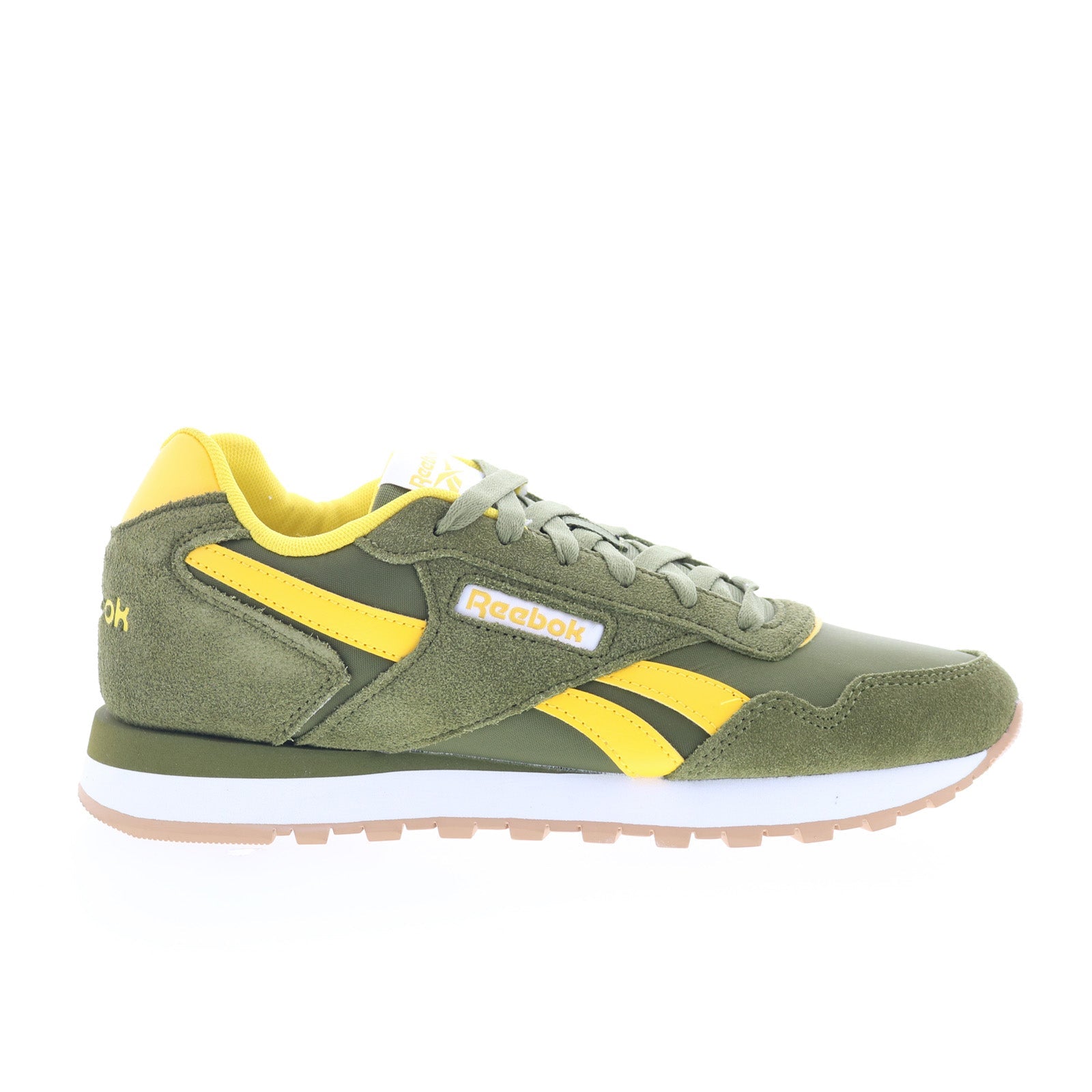 100230831_reebok_glide_green_gold_white_01_1ca43d86-de48-4b6c-9b04-0c0072f0dc37 Reebok Glide Mens Green Suede Lace Up Lifestyle Sneakers Shoes - Image 1