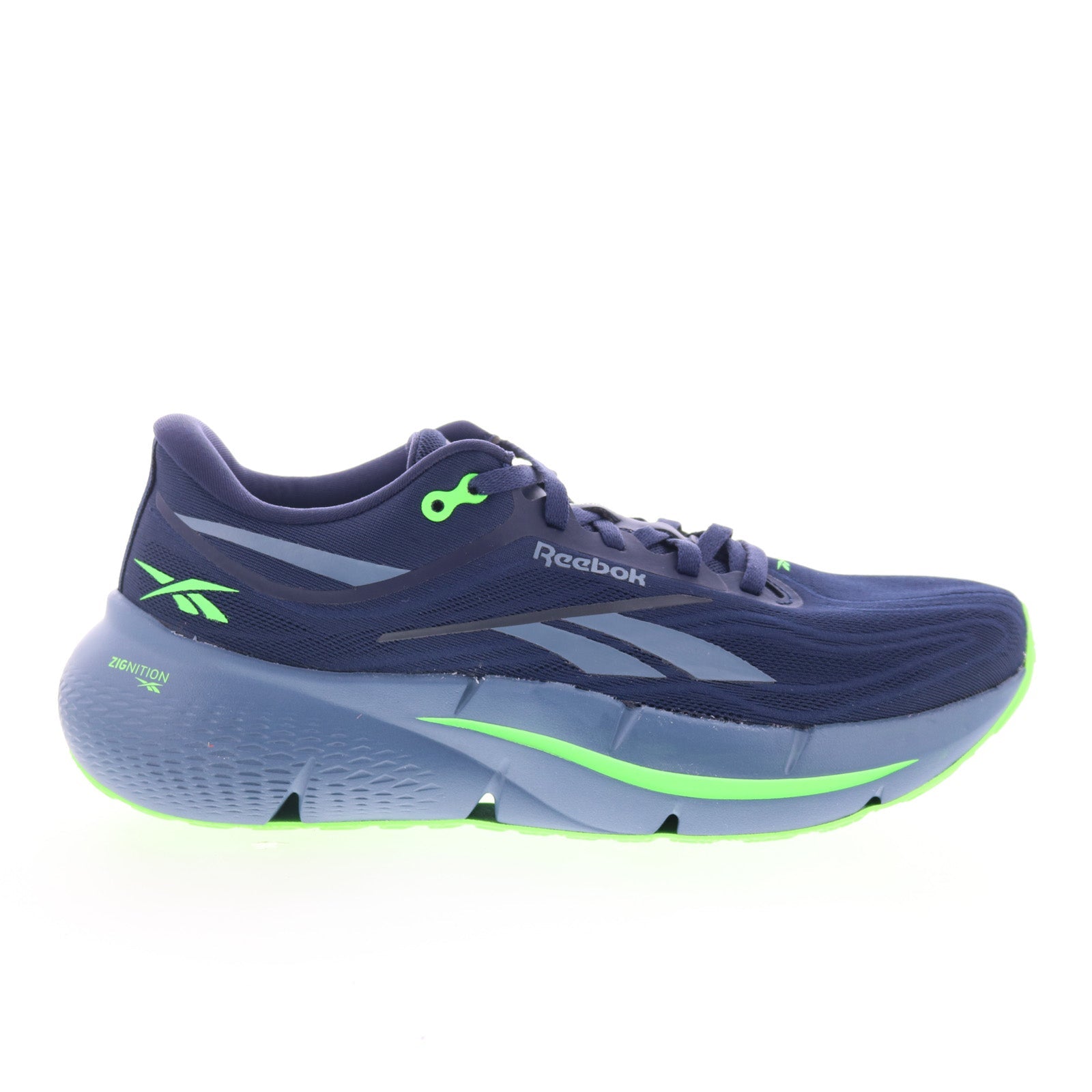 100233799_zignition_navy_blue_lime_01_d1d9abc2-8dbb-4d15-b85f-2e7a1ca2fc38 Reebok Zignition Mens Blue Canvas Lace Up Athletic Running Shoes - Image 1