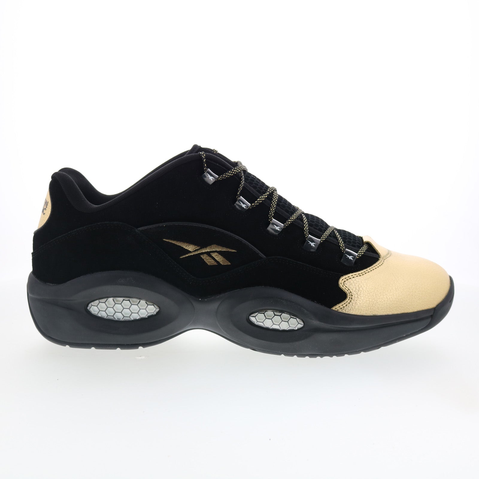 100245950_question_low_blk_brass_wht_01_b158e59d-9e62-4277-898c-5c5961c49c6e Reebok Question Low Mens Black Suede Lace Up Athletic Basketball Shoes - Image 1