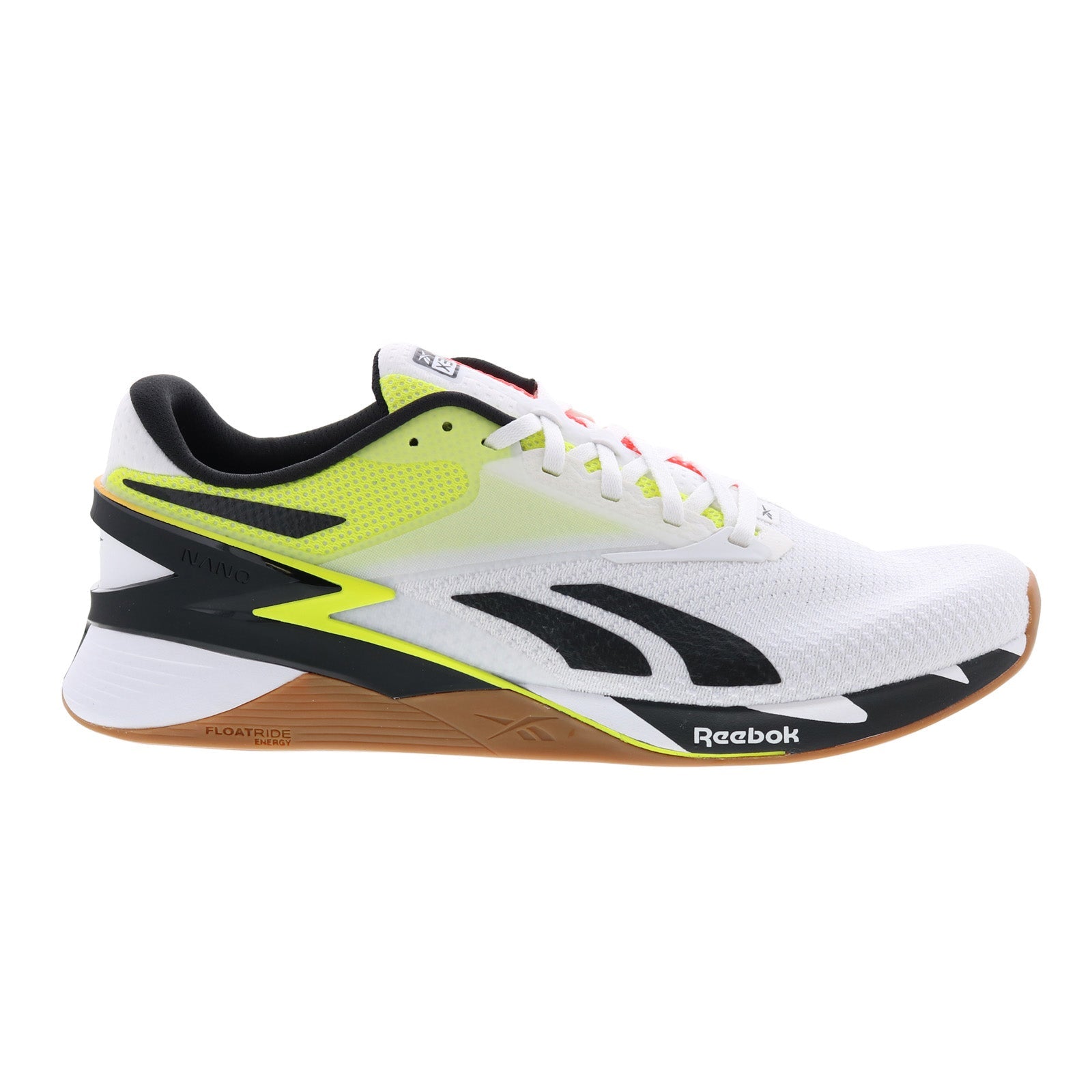 hp6073_nano_x3_footwear_white_orange_flare_solar_acid_yellow_reshoot_01_2f336b4d-7190-4c54-a431-d815b9282e55 Reebok Nano X3 Mens White Synthetic Lace Up Athletic Cross Training Shoes - Image 1